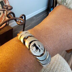 Native American Style Brown Leather and Pewter Wolf silhouette Bracelet